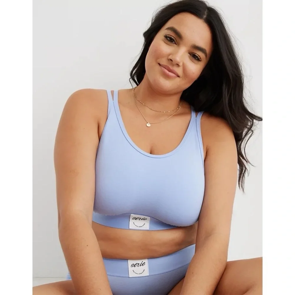 NWT Aerie High Neck Cotton Longline Bralette Womens Small Fresh Water Blue - Picture 1 of 8